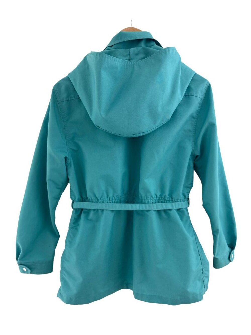 London Fog Vintage 70's Teal Jacket Zip Pockets Detachable Hood Tie Size 13/14 L - Picture 5 of 10